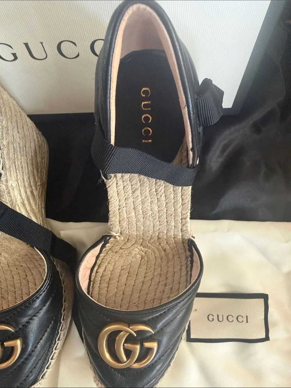 Gucci Black Leather Espadrille Wedges with Gold Double G
